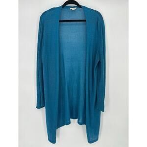 J Jill Blue Open Front Long Cardigan Size 1X Linen Blend Duster Sweater Coastal
